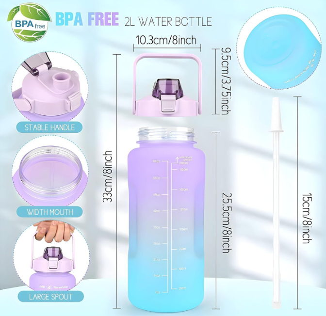 🧴 3-in-1 Motivational Water Bottle – 2L | Leakproof | BPA-Free | Set of 3